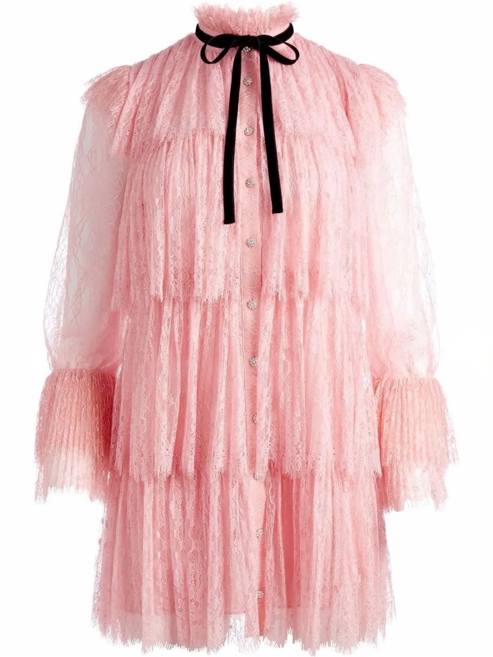 Alice + Olivia Sheer Tiered Lace Mini Dress in Blush Pink with Black Velvet Bow - Picture 5 of 13